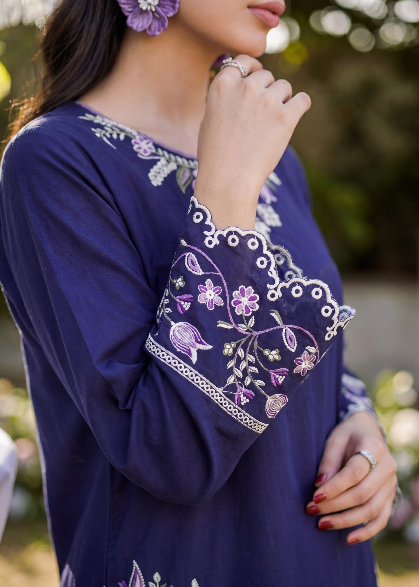 Ladies Navy Blue Embroidered Lawn Kurta Set Online in UK USA Canada