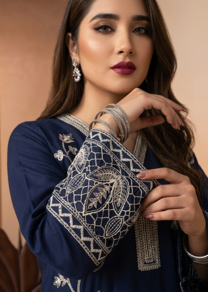 Ladies Navy Blue Embroidered Lawn Salwar Suit Online in UK USA Canada