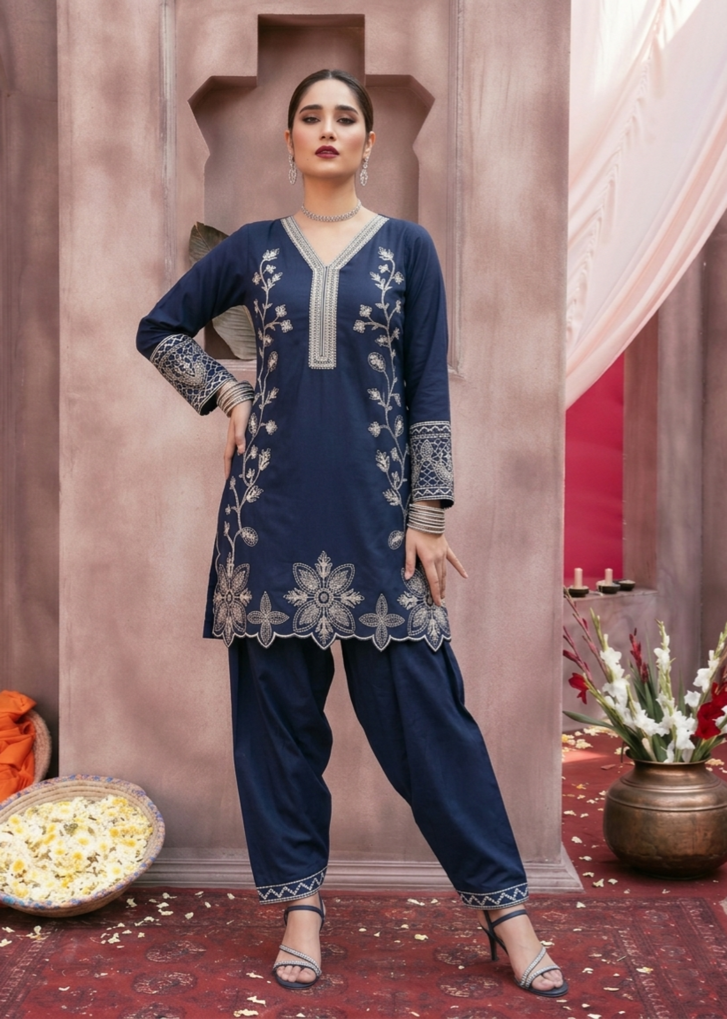 Ladies Navy Blue Embroidered Lawn Shalwar Kameez Online in UK USA Canada