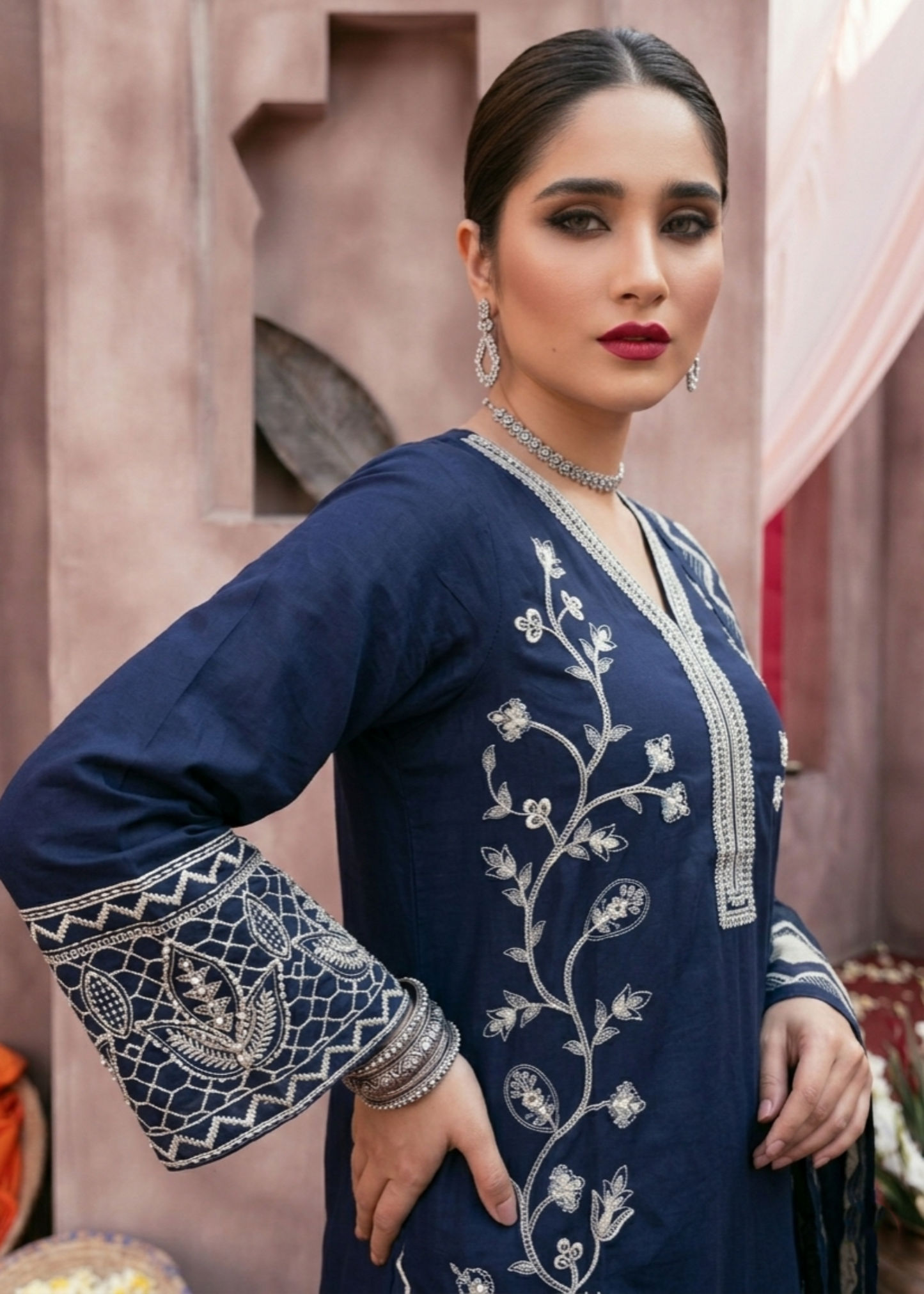 Ladies Navy Blue Embroidered Lawn Suit Online in Dubai UAE Abudhabi Ajman Sharjah