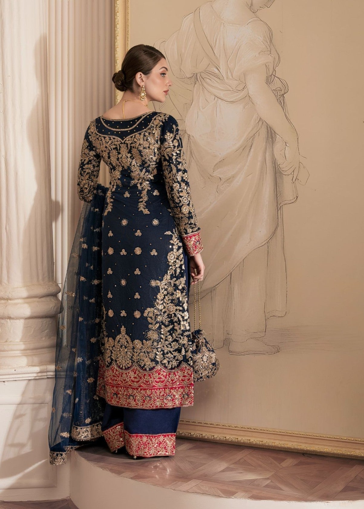 Ladies Navy Blue Embroidered Net Formal Suit Online in UK USA Canada