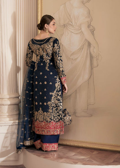 Ladies Navy Blue Embroidered Net Formal Suit Online in UK USA Canada
