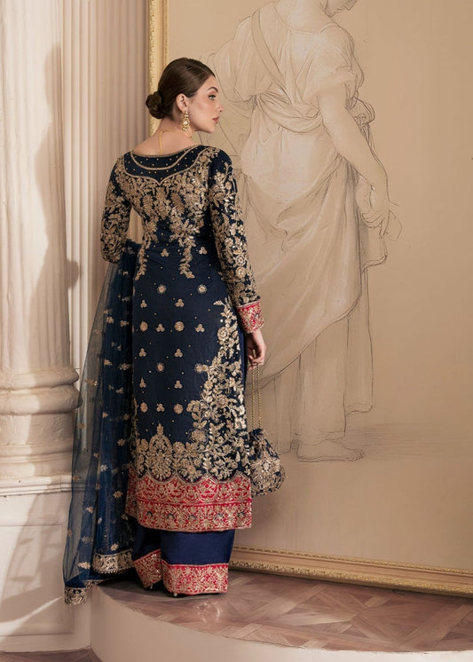 Ladies Navy Blue Embroidered Net Formal Suit Online in UK USA Canada