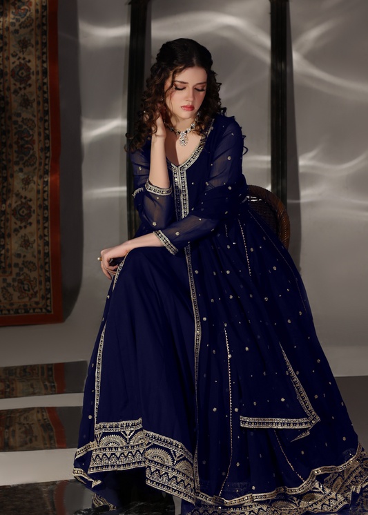 Ladies Navy Blue Embroidered Party Wear Pishwas Online in UK USA Canada
