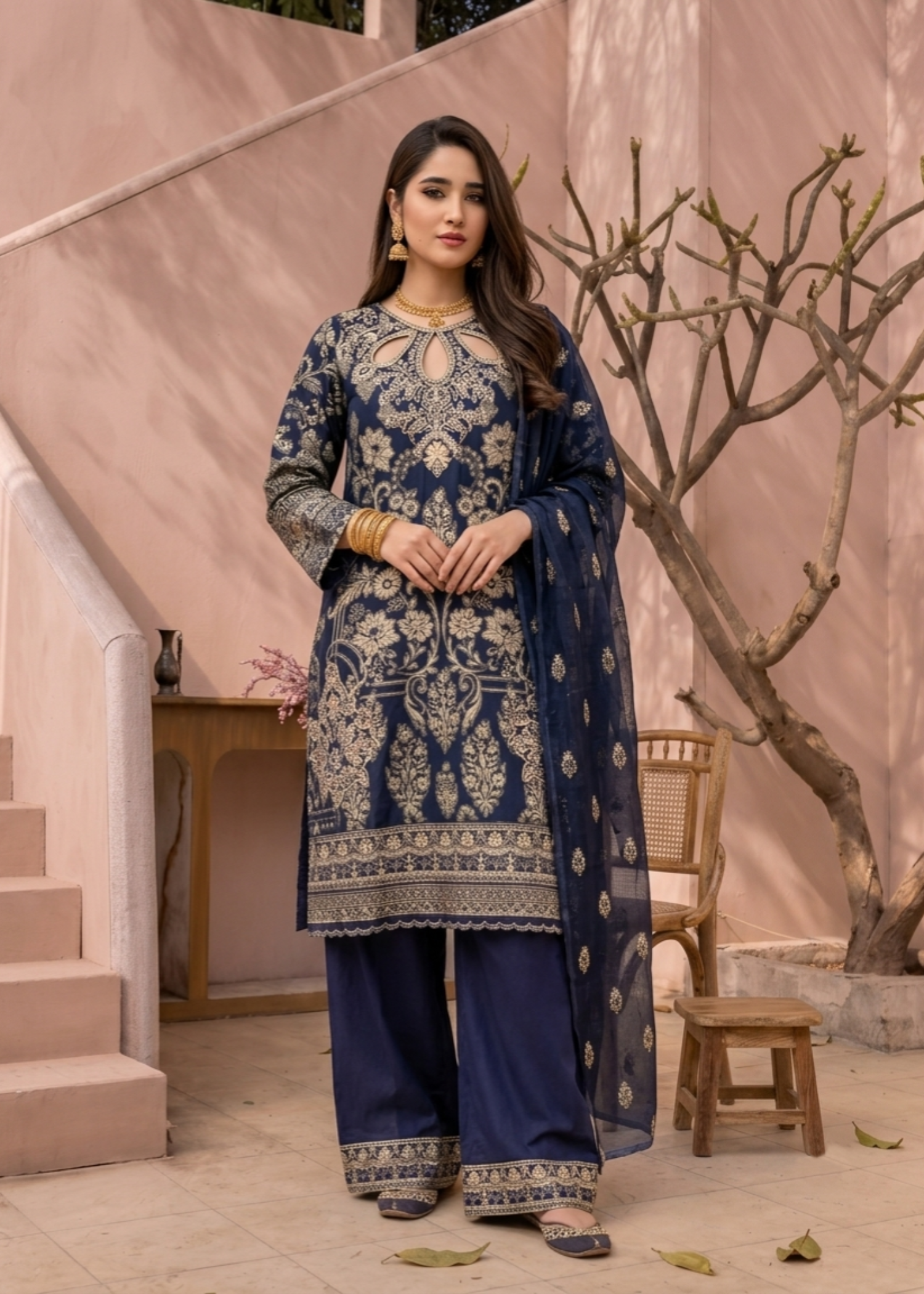Ladies Navy Blue Embroidered Party Wear Suit Online in UK USA Canada