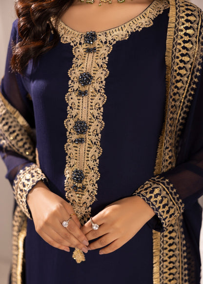 Ladies Navy Blue Embroidered Partywear Suit Online in UK USA Canada