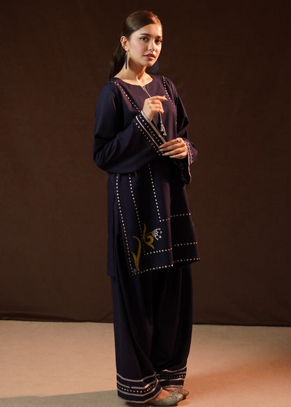 Ladies Navy Blue Embroidered Slub Khaddar Kurta Set Online in Sri Lanka India Australia