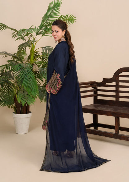 Ladies Navy Blue Embroidered Viscose Raw Silk Kurta Pajama Online in UK USA Canada