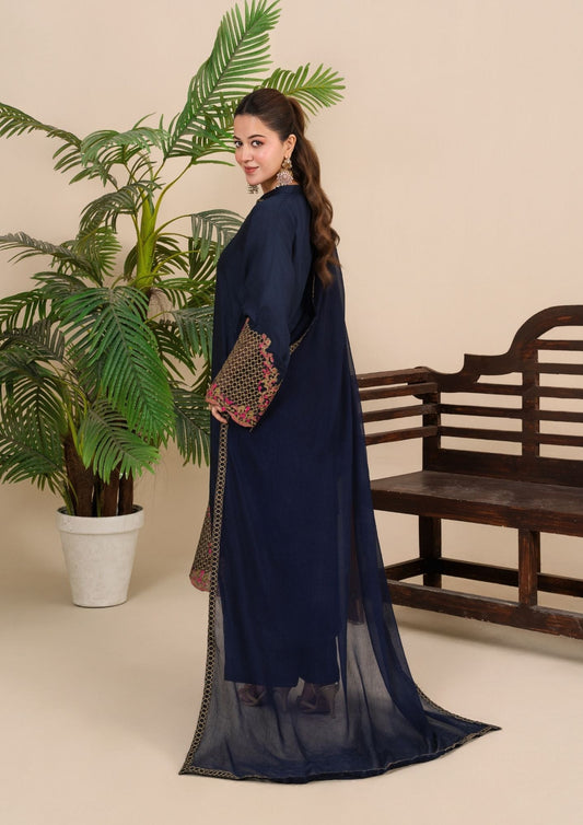 Ladies Navy Blue Embroidered Viscose Raw Silk Kurta Pajama Online in UK USA Canada