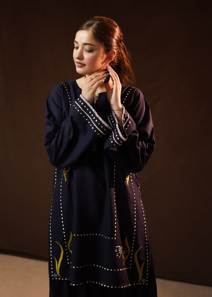 Ladies Navy Blue Embroidered Winter Wear Kurta Set Online in UK USA Canada