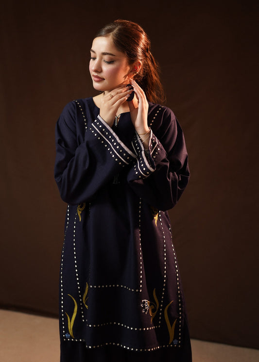 Ladies Navy Blue Embroidered Winter Wear Kurta Set Online in UK USA Canada
