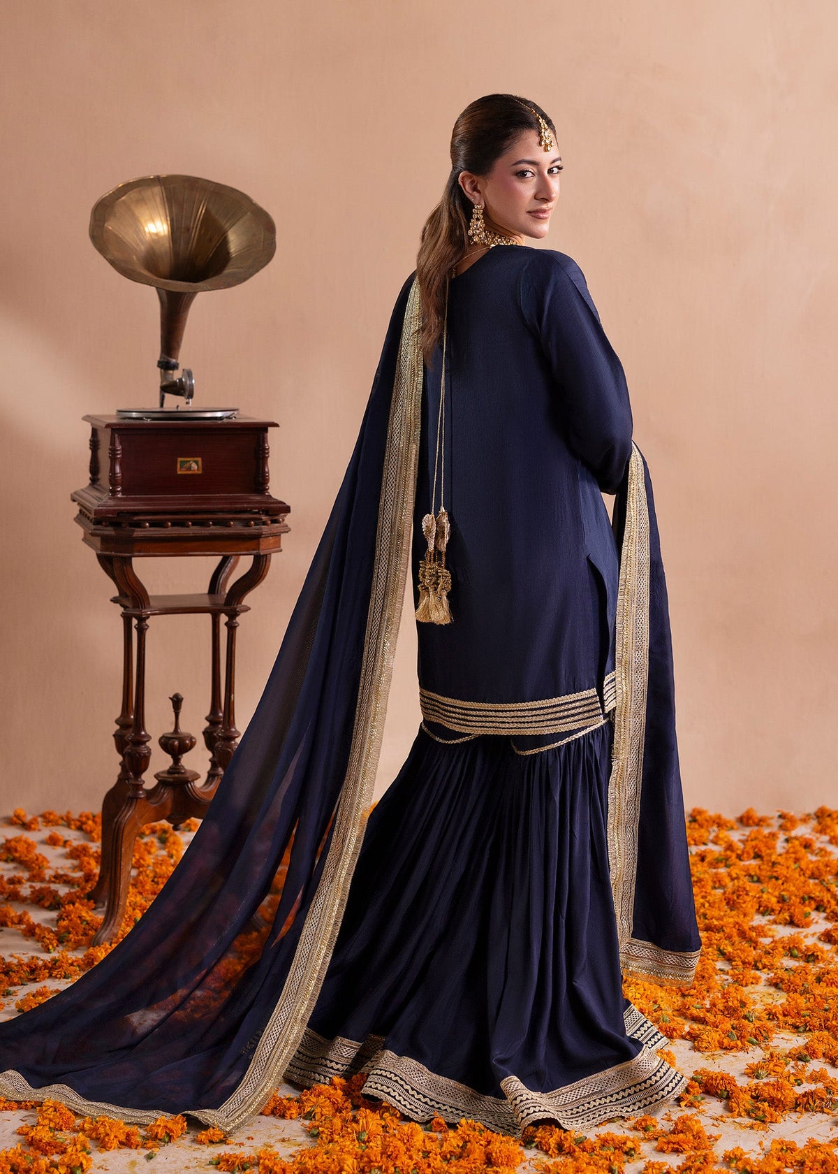 Ladies Navy Blue Festive Raw Silk Gharara Online in UK USA Canada