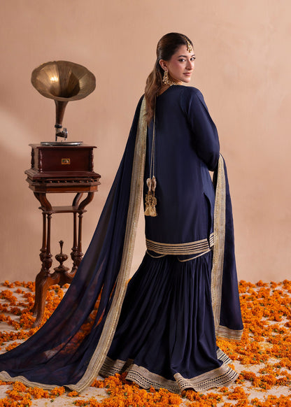 Ladies Navy Blue Festive Raw Silk Gharara Online in UK USA Canada