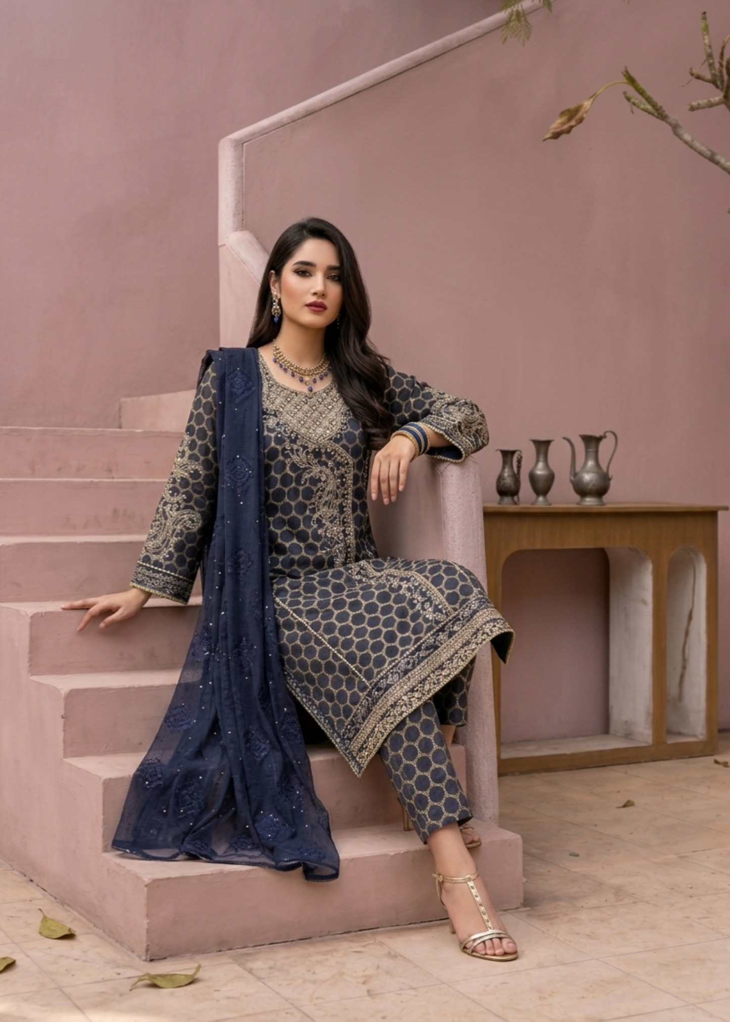 Ladies Navy Blue Jacquard Embroidered Party Wear Online in UK USA Canada