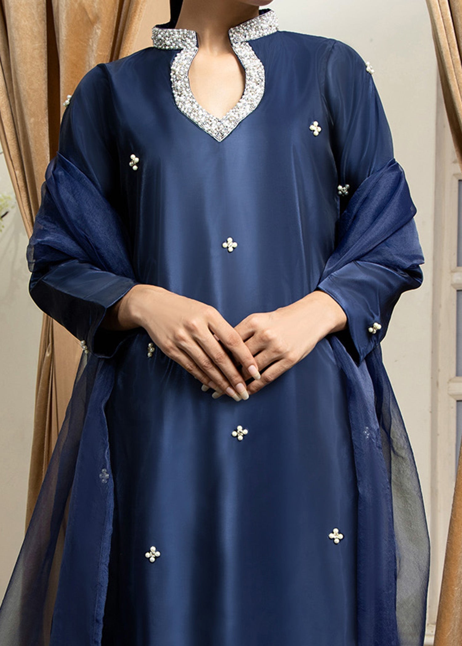 Ladies Navy Blue Kattan Silk Farshi Salwar Kameez Online in UK USA Canada