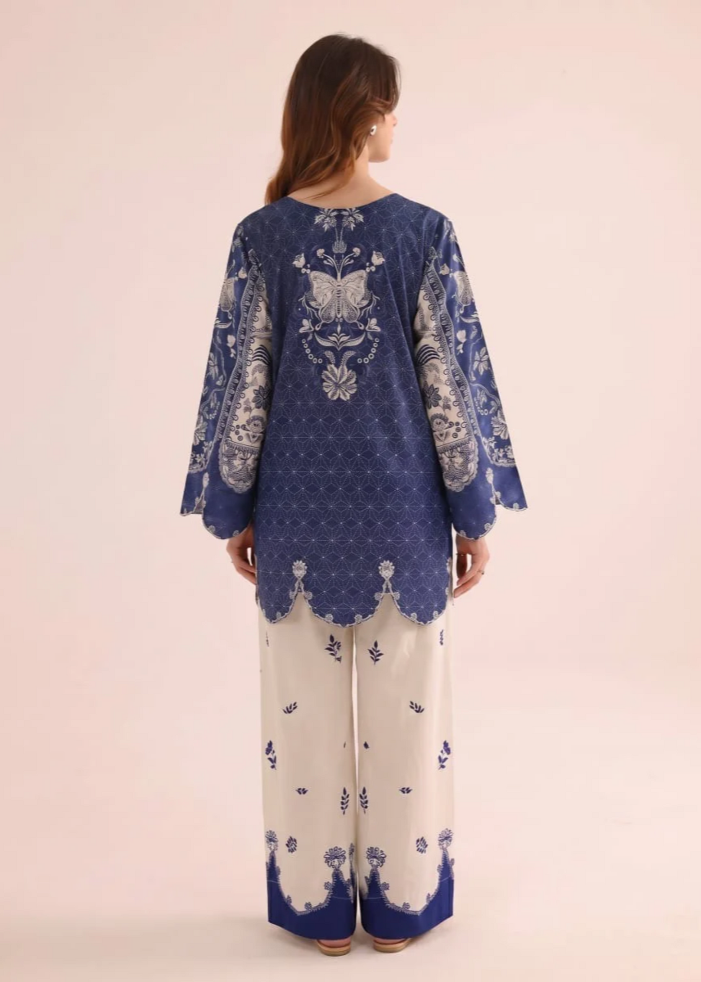 Ladies Navy Blue Printed Poly Lawn Two Piece Dress Online in UK USA Canada