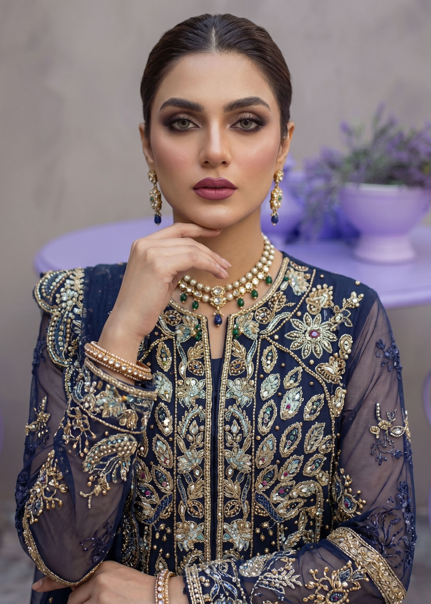 Ladies Navy Blue Raw Silk Embroidered Suit Online in UK USA Canada
