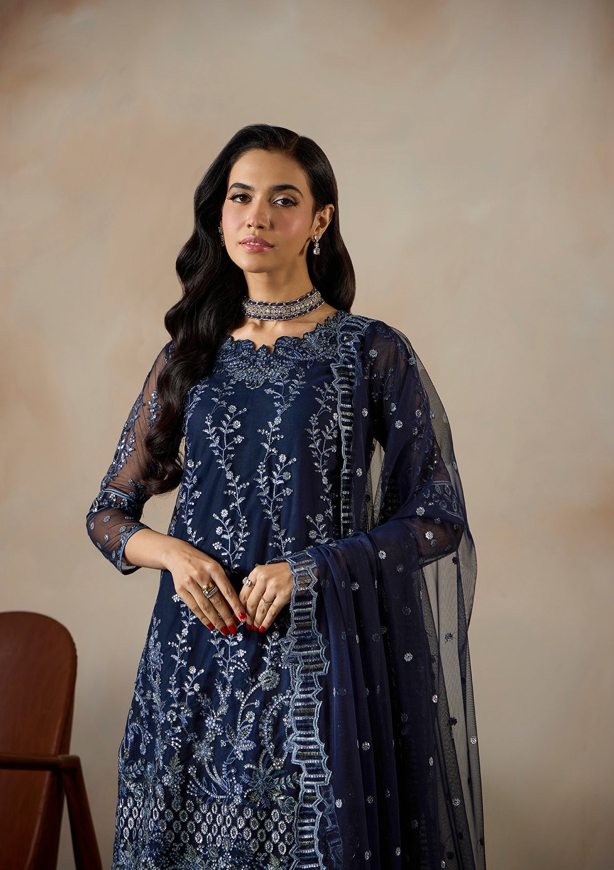 Ladies Navy Blue Raw Silk Trouser Embroidered Shalwar Kameez Online in UK USA Canada