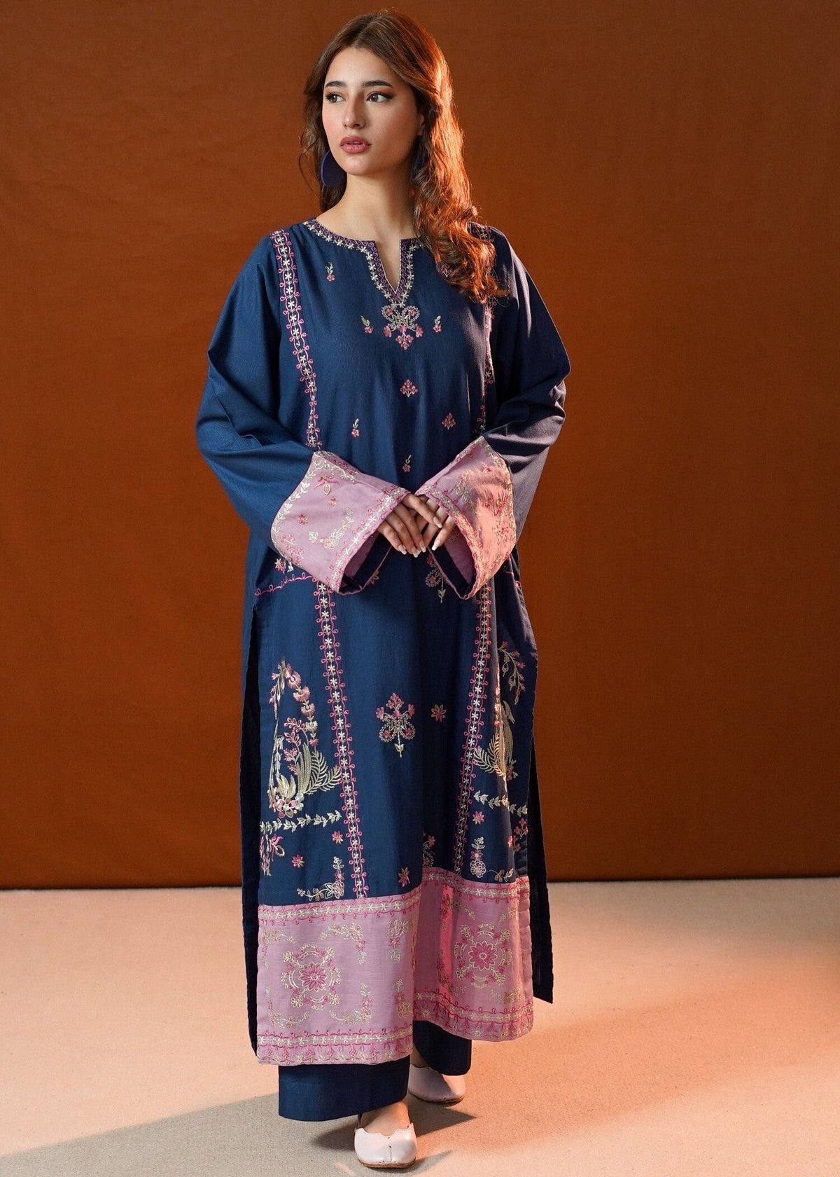 Ladies Navy Blue Slub Khaddar Kurta Set Online in KSA Riyadh Saudi Arabia Oman Bahrain Qatar