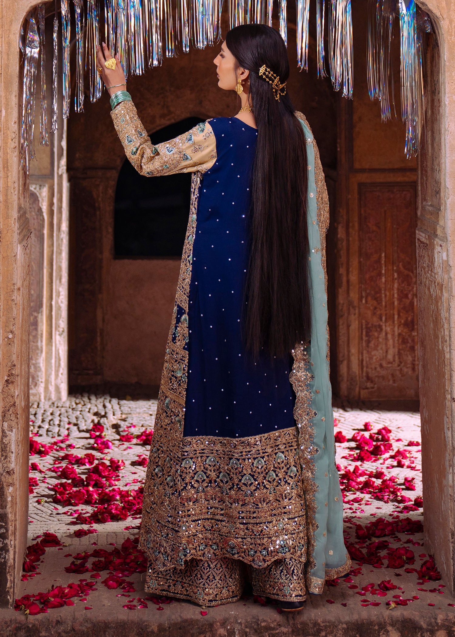 Ladies Navy Embroidered Chiffon Formal Suit Online in Sri Lanka India Australia