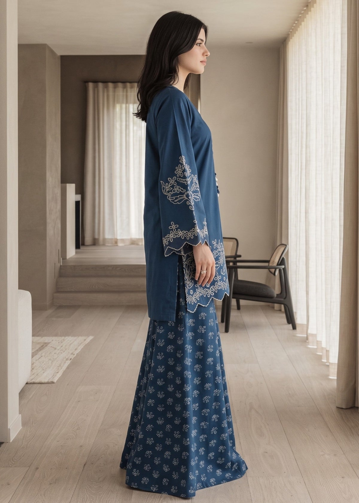 Ladies Ocean Blue Embroidered Lawn Kurta Set Online in KSA Riyadh Saudi Arabia Oman Bahrain Qatar