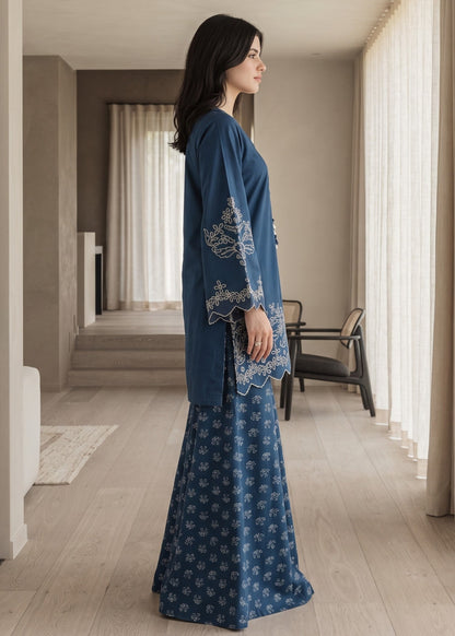 Ladies Ocean Blue Embroidered Lawn Kurta Set Online in KSA Riyadh Saudi Arabia Oman Bahrain Qatar