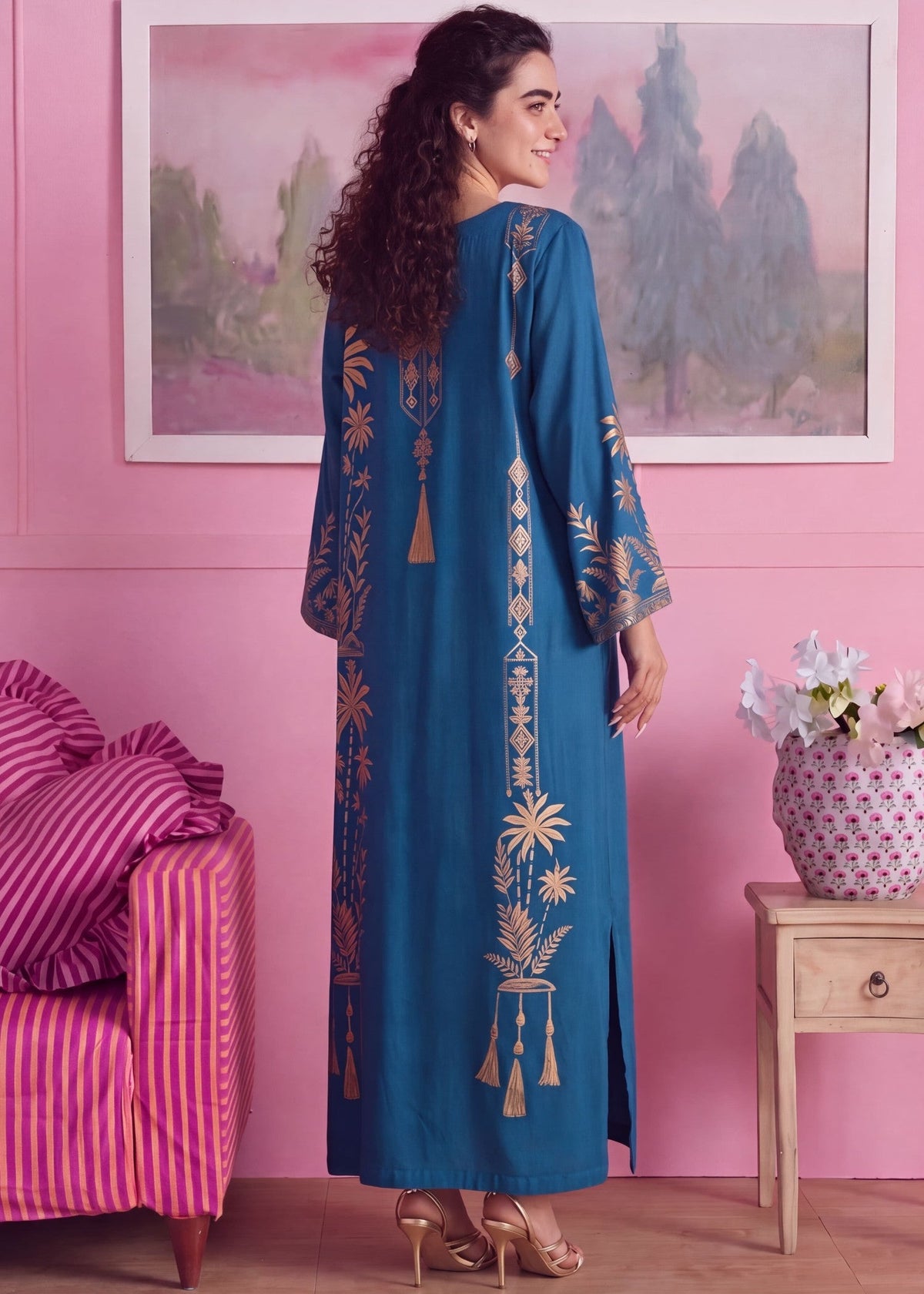 Ladies Ocean Blue Linen Kaftan Pakistani Clothes Online in KSA Riyadh Saudi Arabia Oman Bahrain Qatar