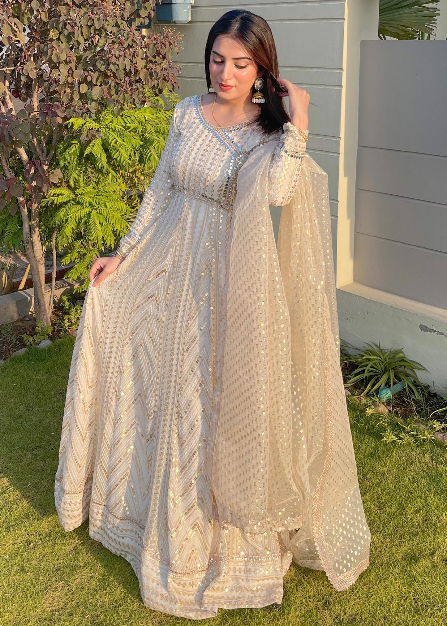 Ladies Off-White Chiffon Festive Suit Online in UK USA Canada