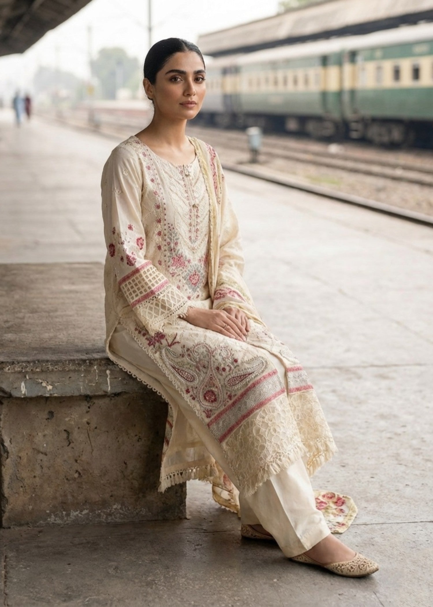 Ladies Off White Embroidered Lawn Suit Online in UK USA Canada