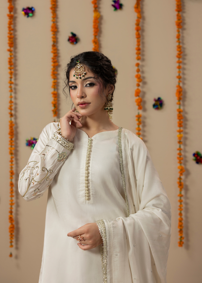 Ladies Off-White Embroidered Silk Salwar Kameez Online in UK USA Canada