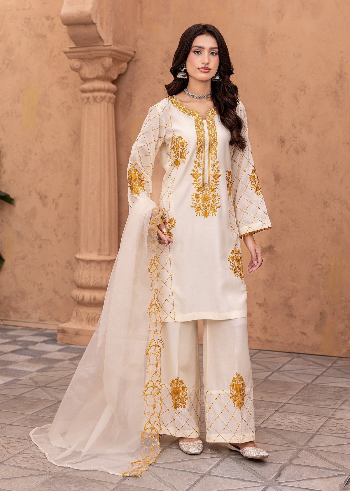Ladies Off-White Embroidered Viscose Shalwar Kameez Online in UK USA Canada