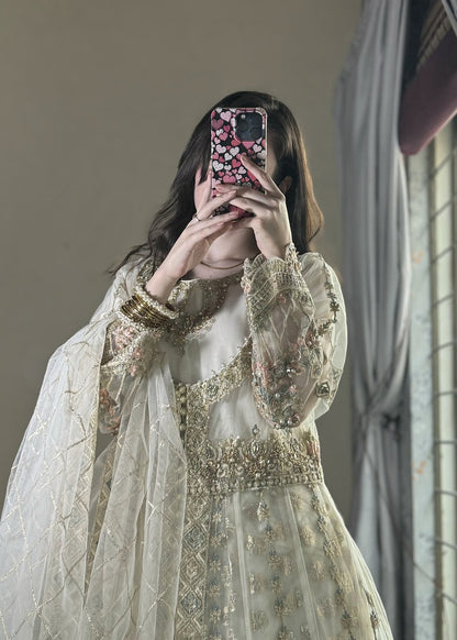 Ladies Off-White Net Partywear Shalwar Kameez Online in UK USA Canada