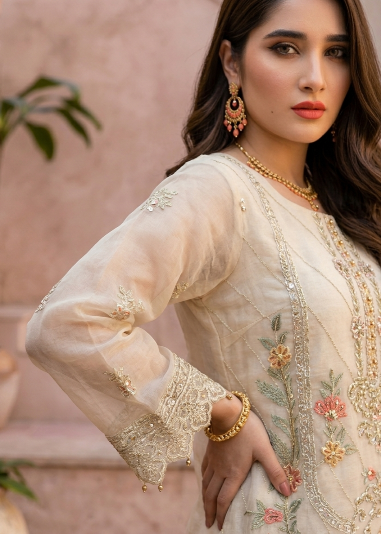 Ladies Off-White Organza Embroidered Party Wear Online in UK USA Canada