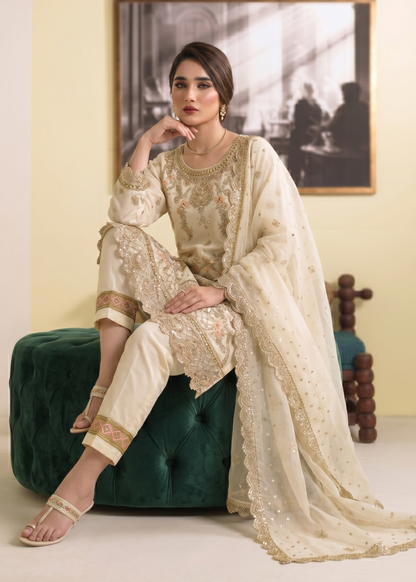 Ladies Off White Organza Embroidered Suit Online in KSA Riyadh Saudi Arabia Oman Bahrain Qatar