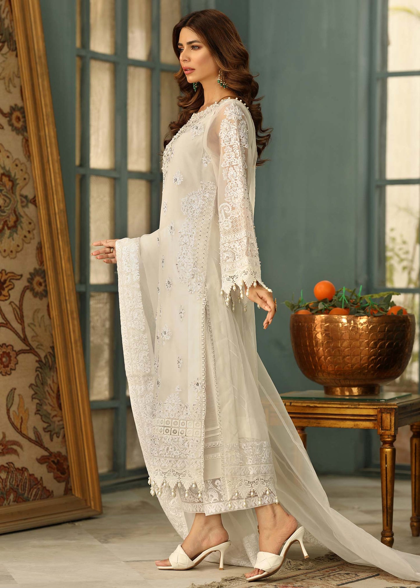 Ladies Off-White Organza Kurta Suit Online in UK USA Canada