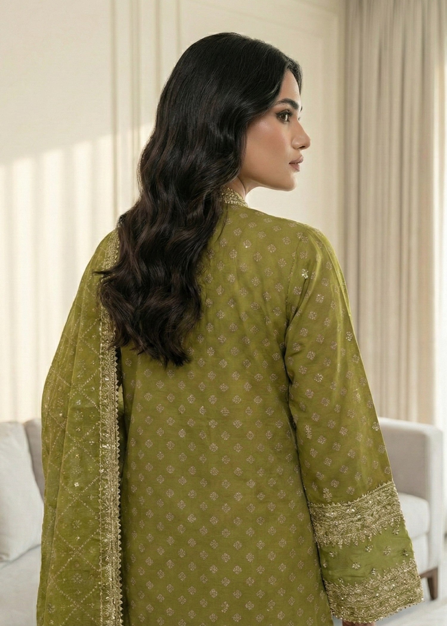 Ladies Olive Green Chiffon Festive Suit Online in UK USA Canada