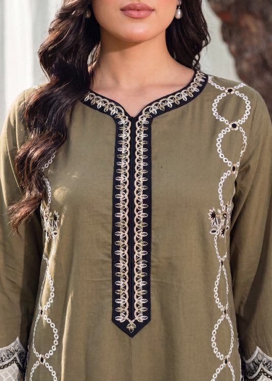 Ladies Olive Green Lawn Suit Embroidered Online in UK USA Canada