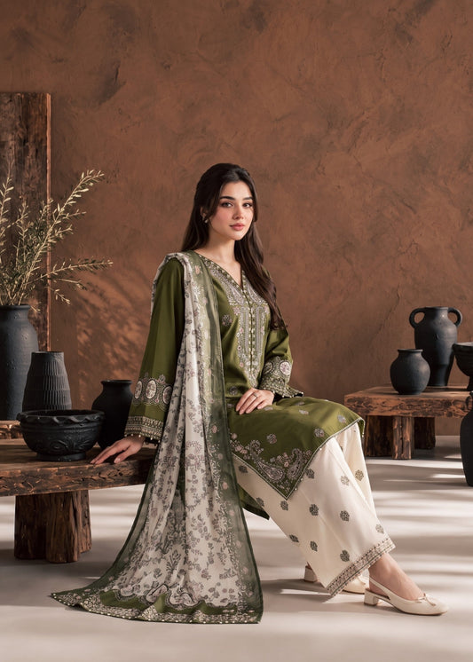 Ladies Olive Green Linen Salwar Kameez Online in KSA Riyadh Saudi Arabia Oman Bahrain Qatar