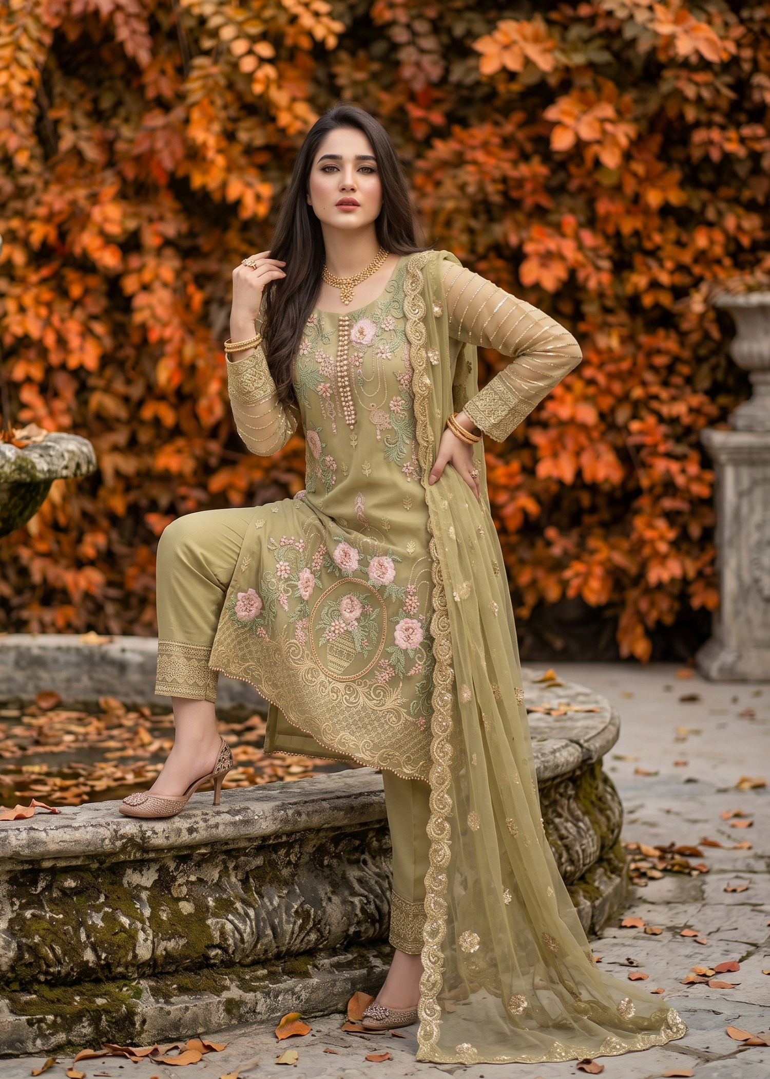 Ladies Olive Green Organza Festive Suit Online in UK USA Canada