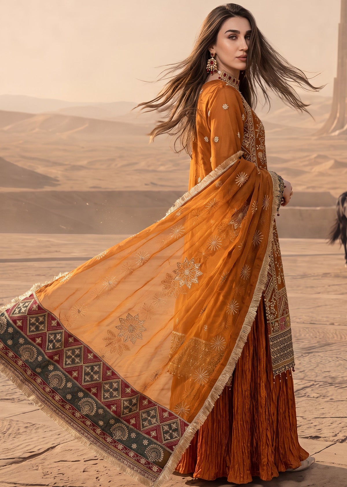 Ladies Orange Embellished Organza Sharara Gharara Online in UK USA Canada