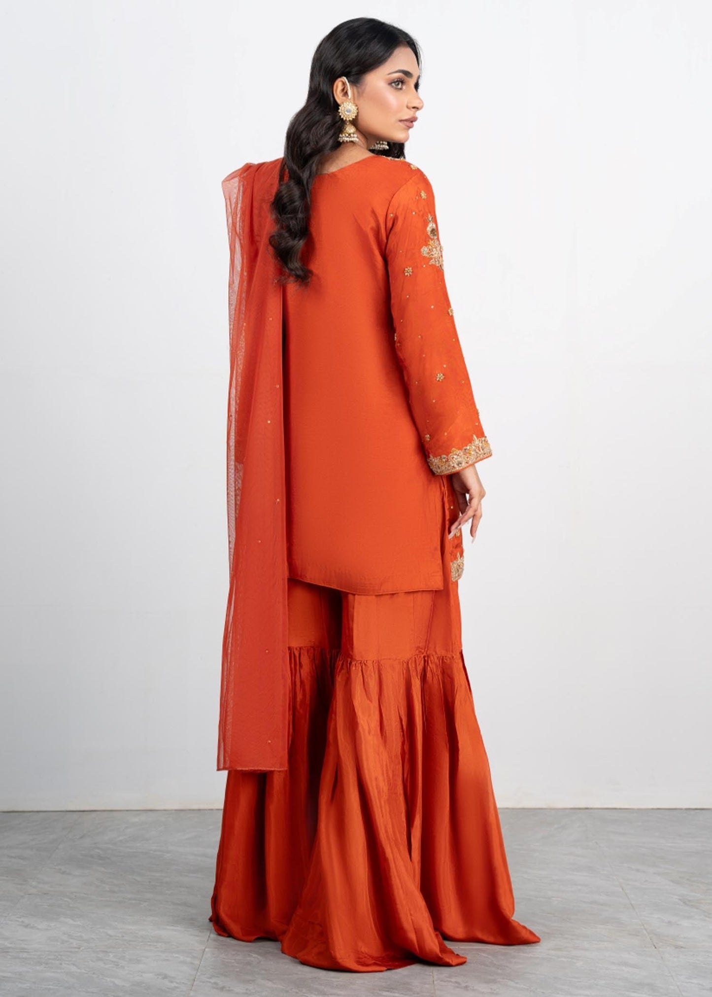 Ladies Orange Embroidered Raw Silk Suit Online in UK USA Canada