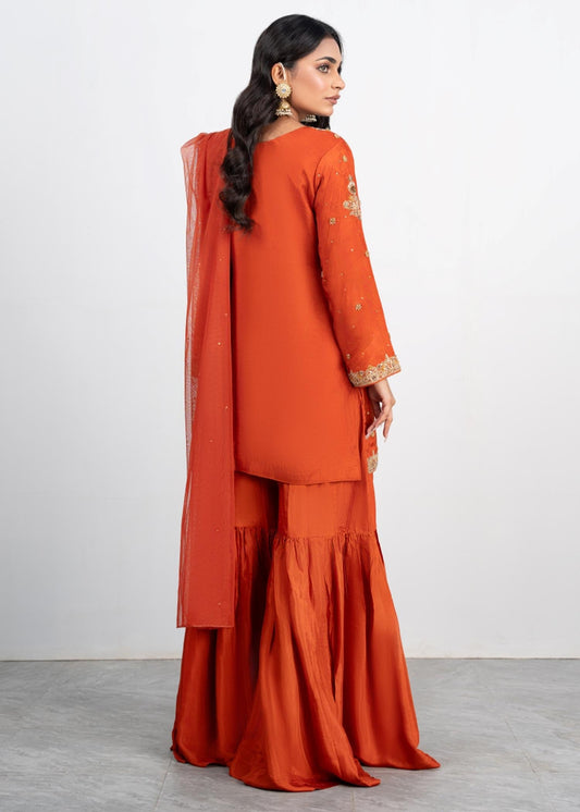 Ladies Orange Embroidered Raw Silk Suit Online in UK USA Canada