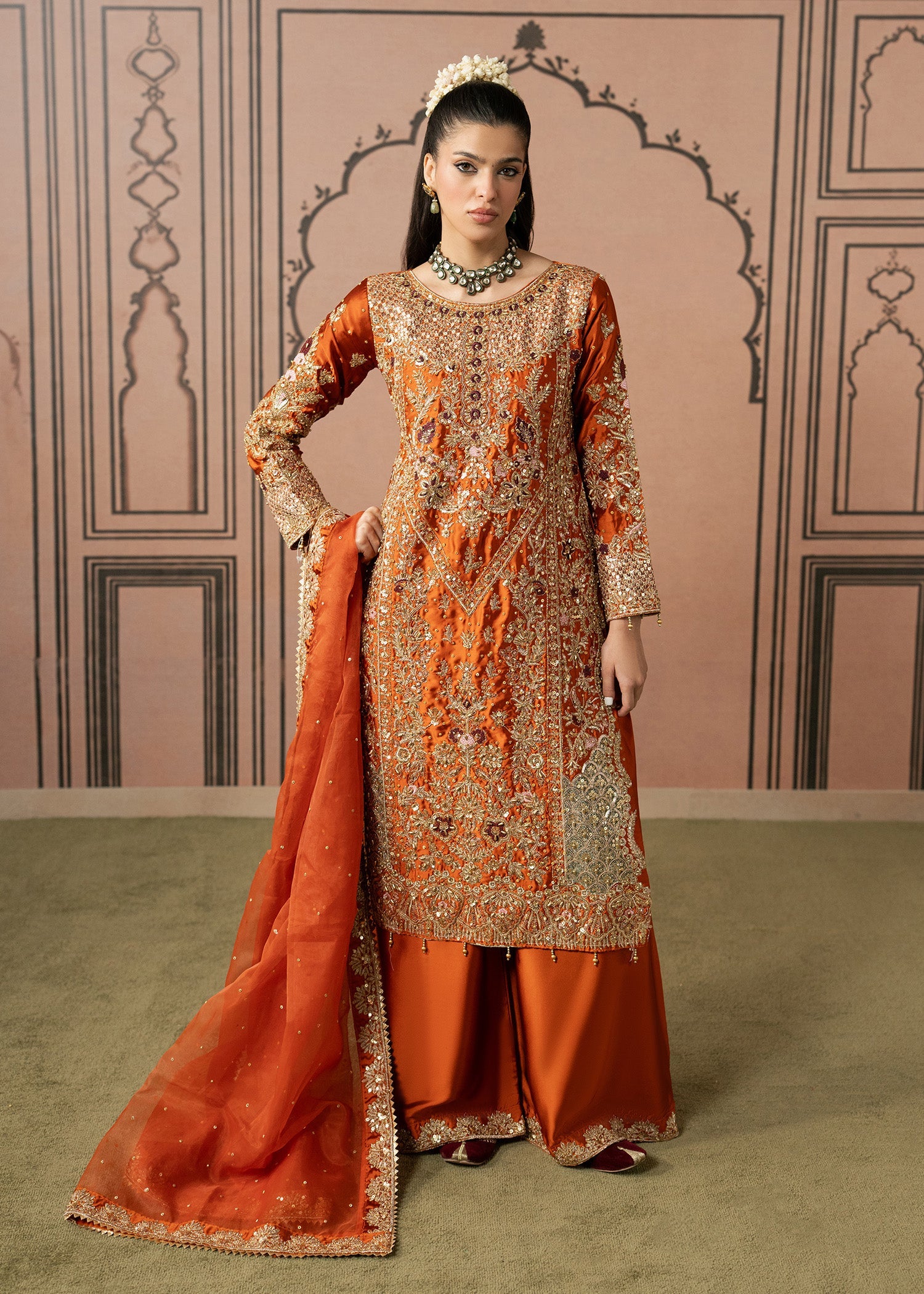 Ladies Orange Organza Formal Suit Online in UK USA Canada