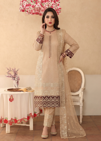 Ladies Organza Embroidered Suit Peach Orange Online in KSA Riyadh Saudi Arabia Oman Bahrain Qatar