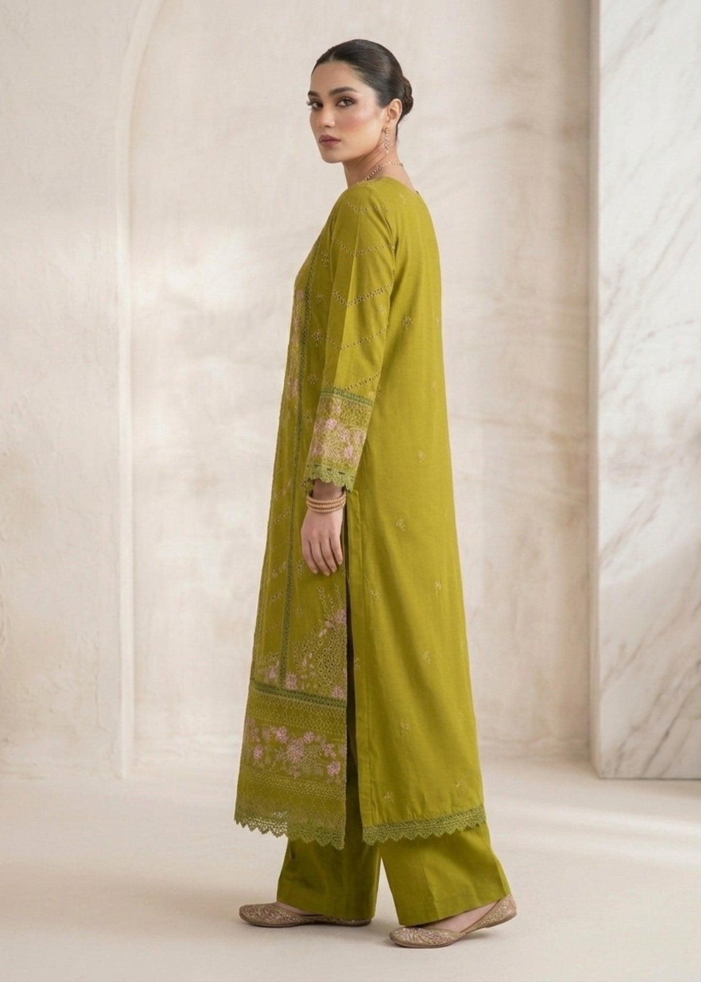 Ladies Partywear Olive Green Lawn Suit Online in UK USA Canada