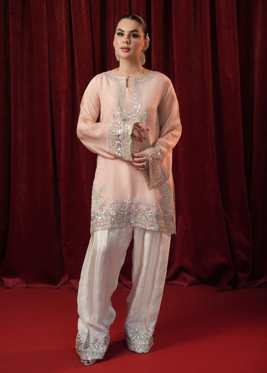 Ladies Partywear Shalwar Kameez Peach Embroidered Online in UK USA Canada