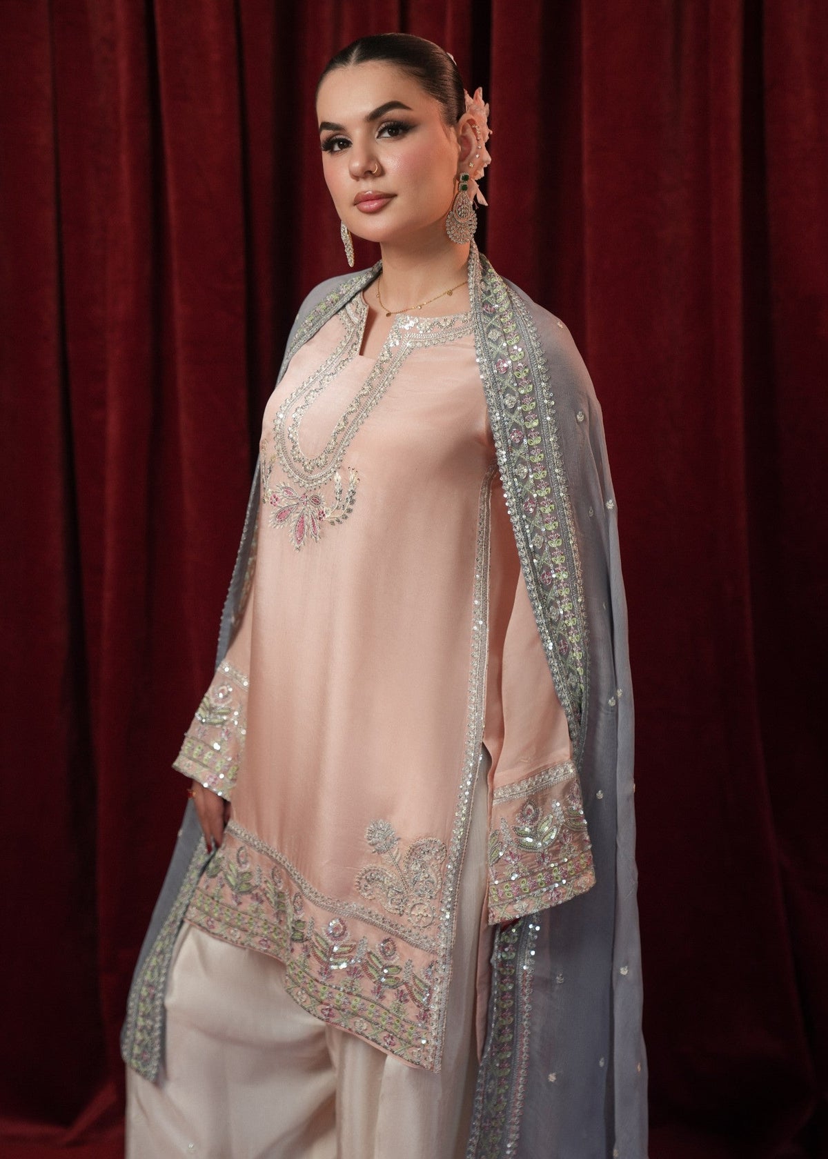 Ladies Partywear Silk Shalwar Kameez Peach Online in UK USA Canada