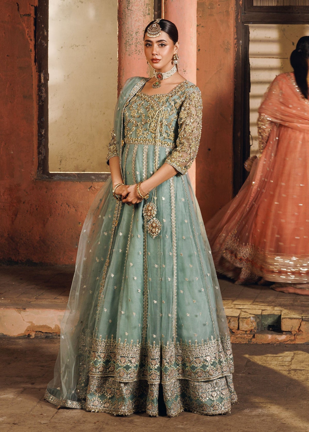 Ladies Pastel Green Embroidered Net Maxi Online in UK USA Canada