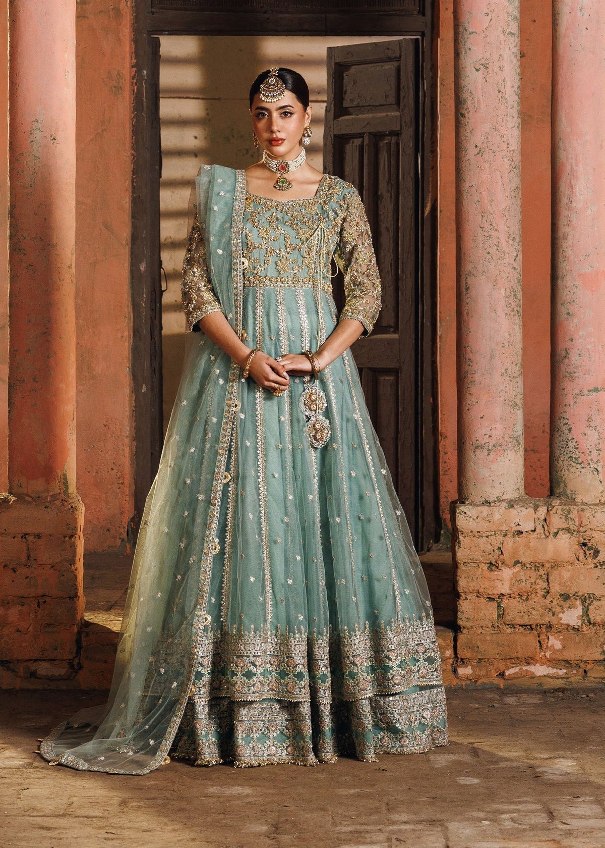Ladies Pastel Green Embroidered Net Maxi Online in UK USA Canada