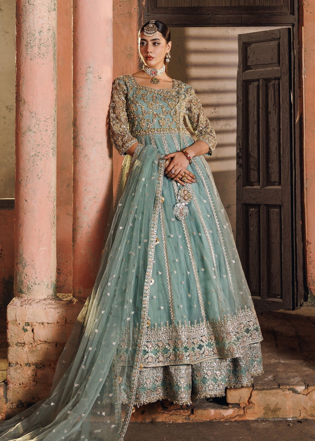 Ladies Pastel Green Embroidered Net Maxi Online in UK USA Canada
